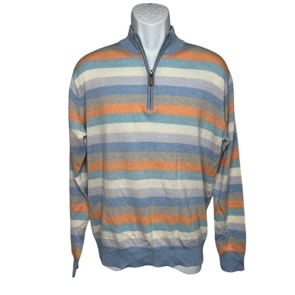 NWT Peter Millar Crown Cool Coach 1/4 Zip Sweater Blue Orange Merino Wool Linen
